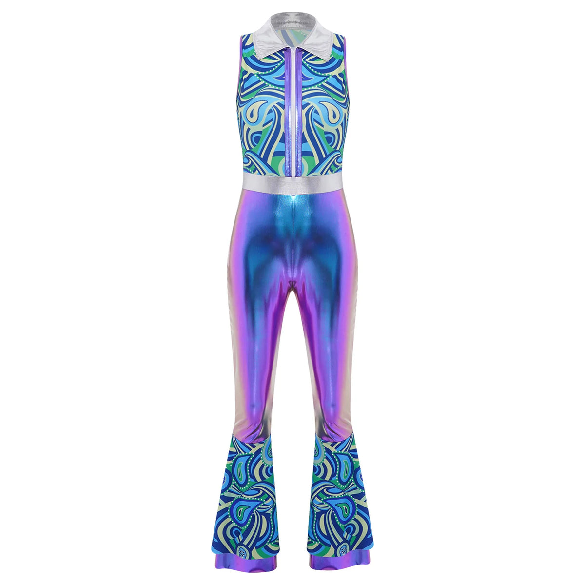 70s 80s Disco Costume Women's Streetwear Jumpsuit Shiny Clubwear Flared Long Pants Rompers Flares Metallic Hippie Party Outfit