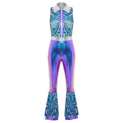 70s 80s Disco Costume Women's Streetwear Jumpsuit Shiny Clubwear Flared Long Pants Rompers Flares Metallic Hippie Party Outfit