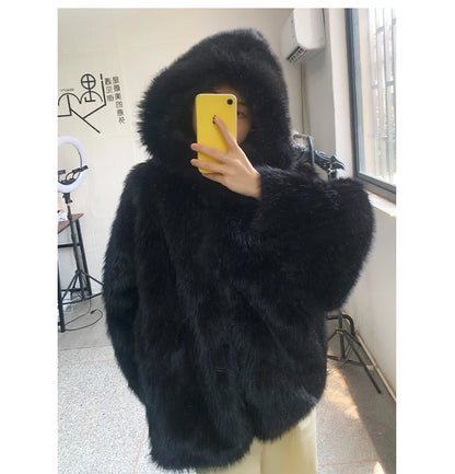 Nerazzurri Autumn Winter Oversized White Black Warm Shaggy Hairy Faux Fur Coat Women with Hood Loose Casual Fluffy Jacket 2023