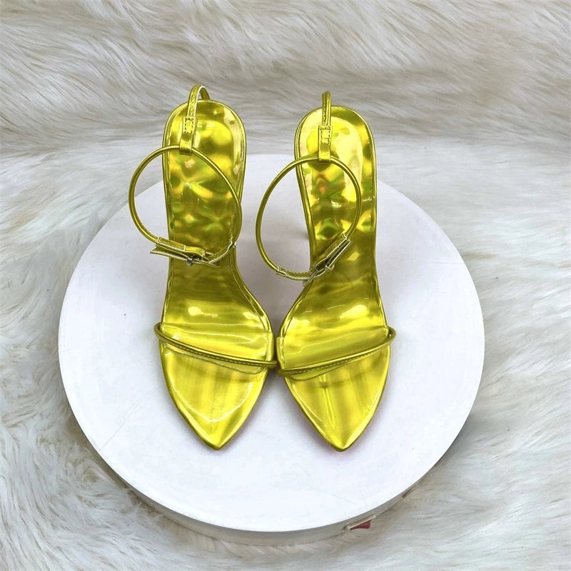 2025 Summer New Laser Purple Fashion Ultra fine One line Buckle with Thin Heels Sandals Sexy Fashion Large Size