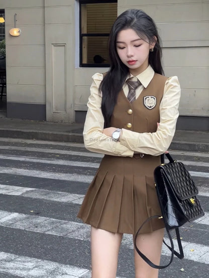 2024 england style uniform jk set suit autumn new suit waistcoat long sleeve shirt pleated skirt fashion three-piece women w753