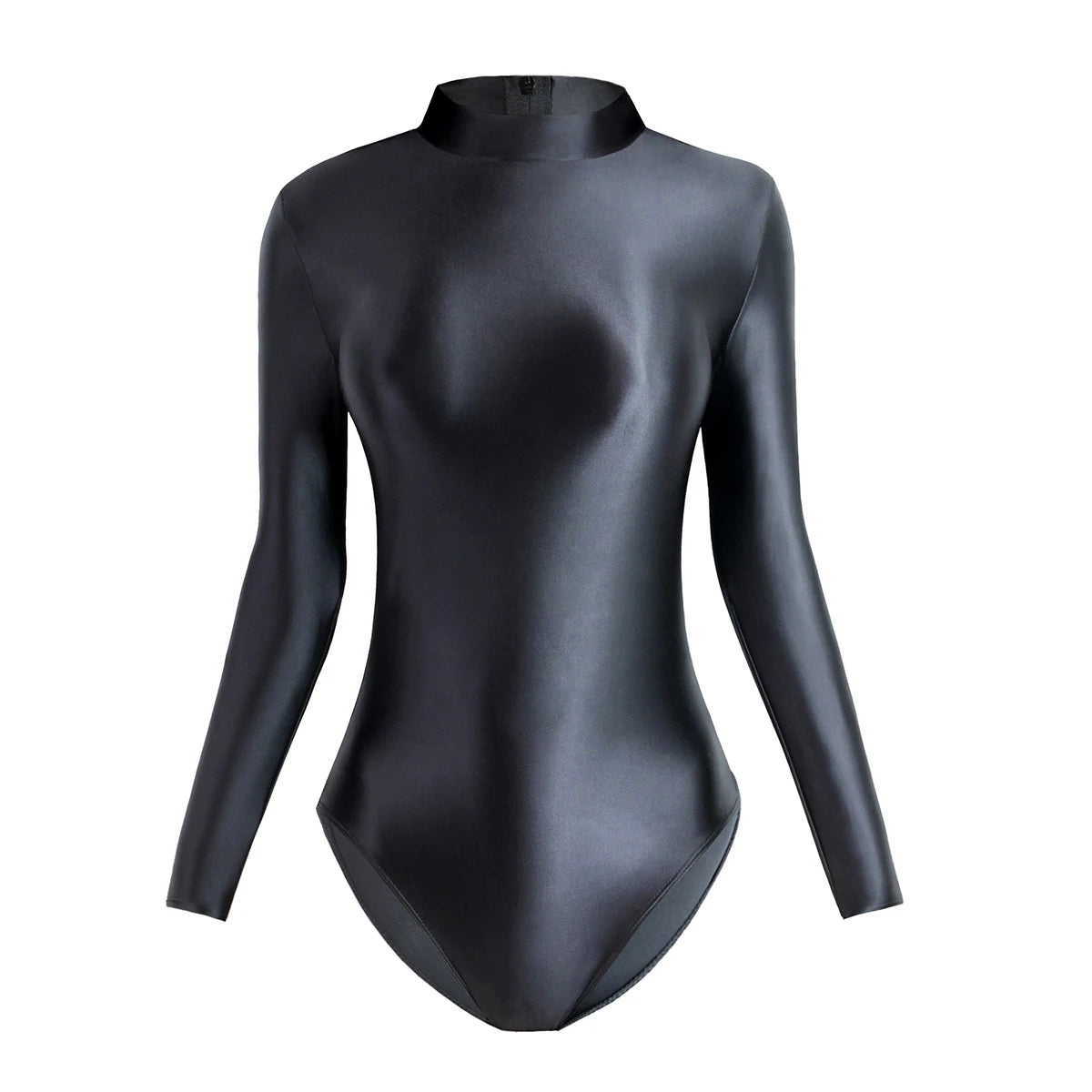 Satin Glossy Leotards Long Sleeve Back Zipper One Piece Swimsuit Sexy High-Cut Bikini Bodysuit Women Bathing Suit Plus Size