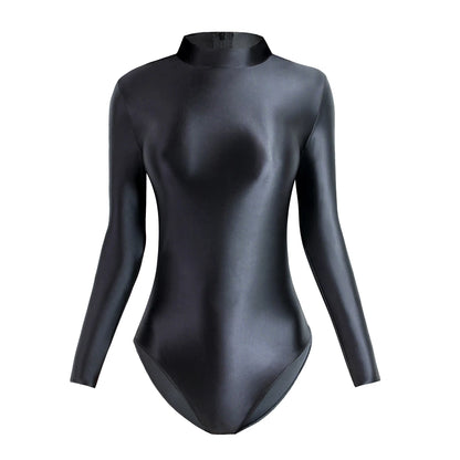 Satin Glossy Leotards Long Sleeve Back Zipper One Piece Swimsuit Sexy High-Cut Bikini Bodysuit Women Bathing Suit Plus Size
