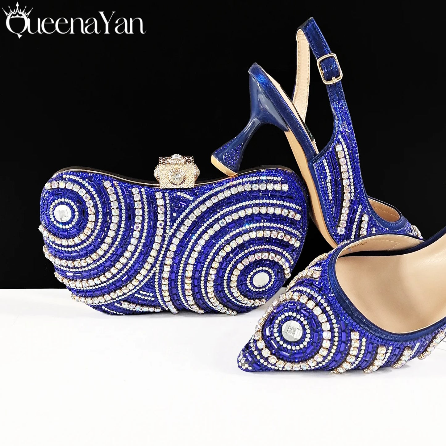 Queena Yan High-end Matching Women's Shoes with Diamond Hard Box Bag Popular in Nigeria Party Women's High Heels