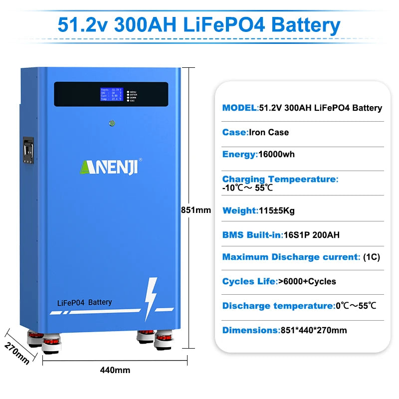 ANENJI 51.2V 314Ah 16Kwh LiFePO4 Battery 6000 Cycles With Wheels Bluetooth BMS 200Ah Supports 15 Units Parallel  Solar System