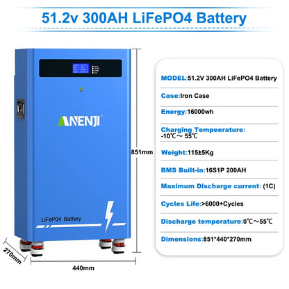 ANENJI 51.2V 314Ah 16Kwh LiFePO4 Battery 6000 Cycles With Wheels Bluetooth BMS 200Ah Supports 15 Units Parallel  Solar System