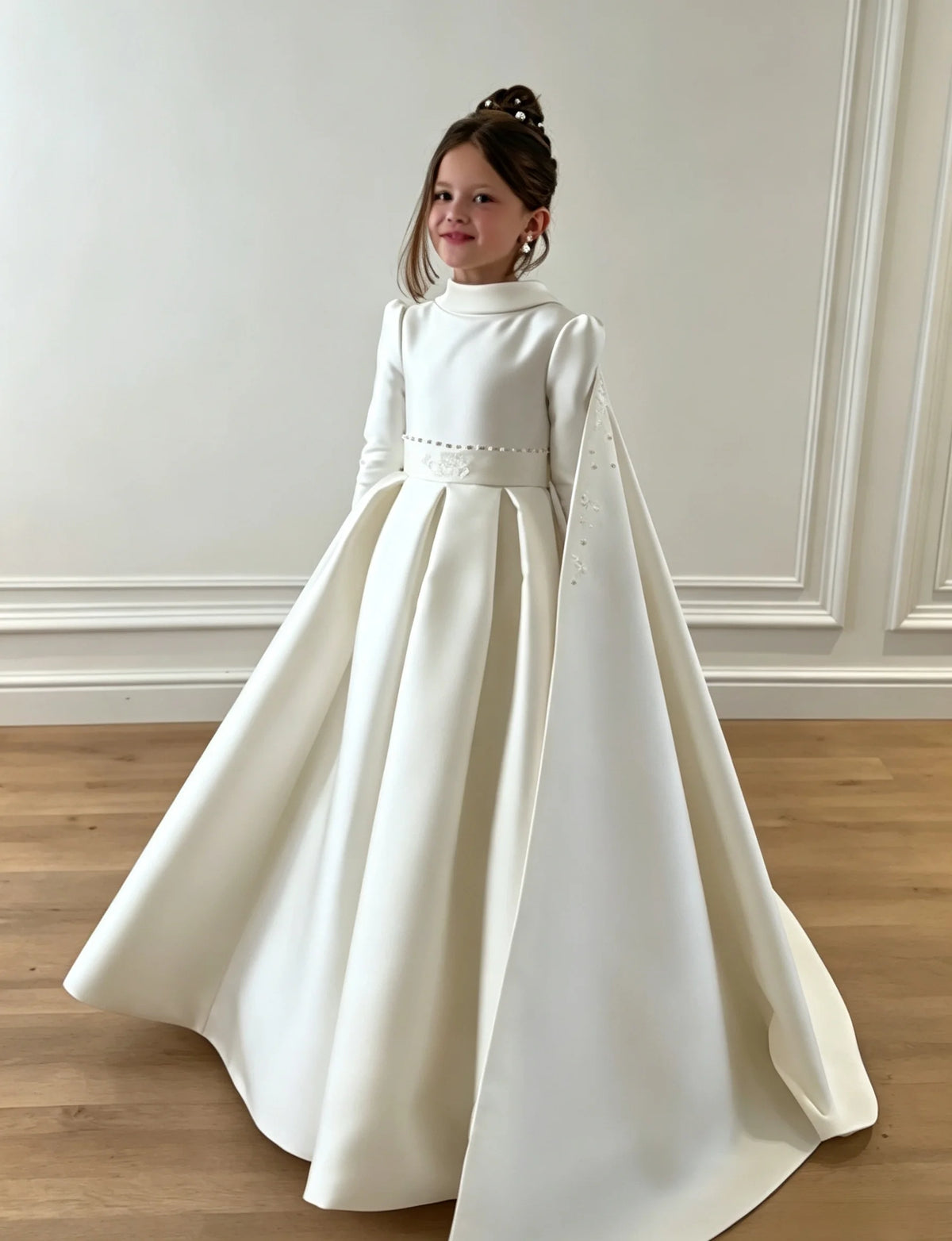 Luxurious White Sequin Beauty Pageant Dress With High Neck Long Sleeves A-line Tail Flower Girl Dress Toddler Princess Wedding