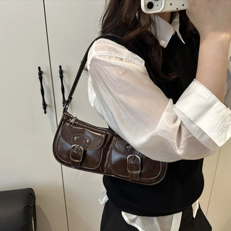 Fashion Pu Leather Women's Shoulder Bag Small Double Pocket Design Ladies Underarm Bags Y2k Vintage Female Handbags Clutch Purse