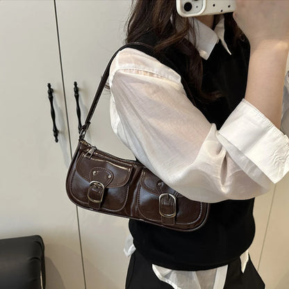 Fashion Pu Leather Women's Shoulder Bag Small Double Pocket Design Ladies Underarm Bags Y2k Vintage Female Handbags Clutch Purse