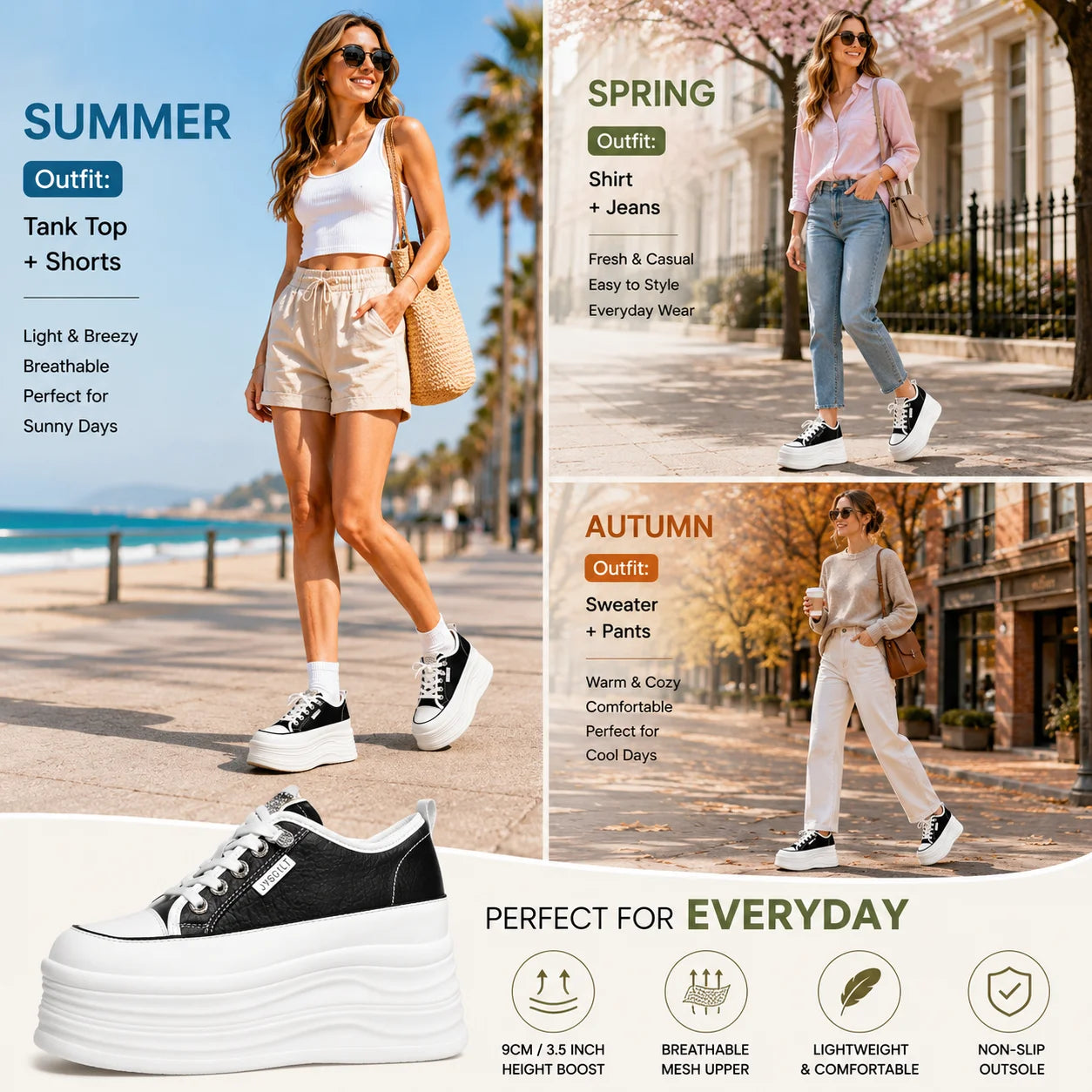 Fujin Casual Shoes For Woman Shoes on Platform Heel Shoes 9 cm 3 inch  White Comfortable High Heel Hidden Chunky Wedge Sneakers