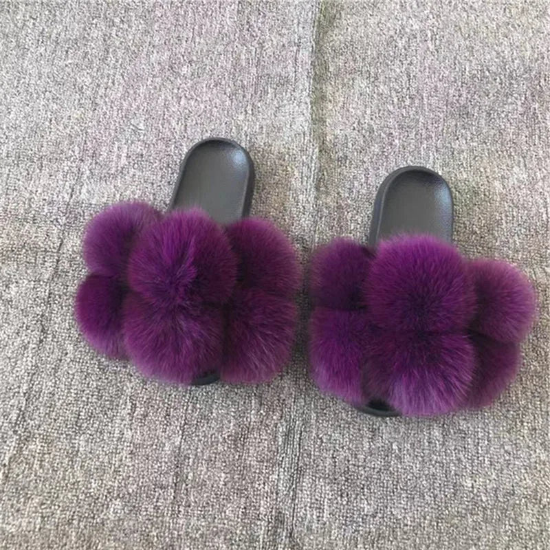 Natural Fox Fur Slippers, Fashionable Outdoor Multi-Color Animal Hair Slippers, Women's Gifts, Soft EVA Sole Slippers, On Trend