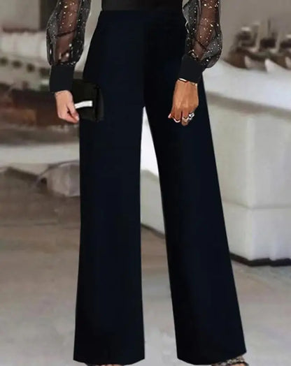 Elegant Women's Jumpsuit 2022 Autumn Fashion Contrast Mesh Long Sleeve Plain V-Neck Party Long Jumpsuit