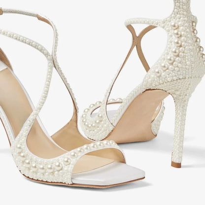 2025 Summer New Luxury White Pearls Decorated Women's Sandals Ankle Straps High Heels Square Toe Party Wedding Sexy Femme Shoes