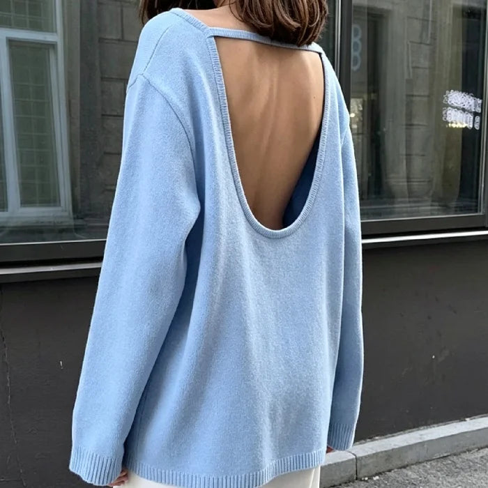 Casual Knitted Sweater Round Neck Open Back Long Sleeves Loose Pullover 2026 Autumn Fashion Daily Versatile Cardigan Top Outfit