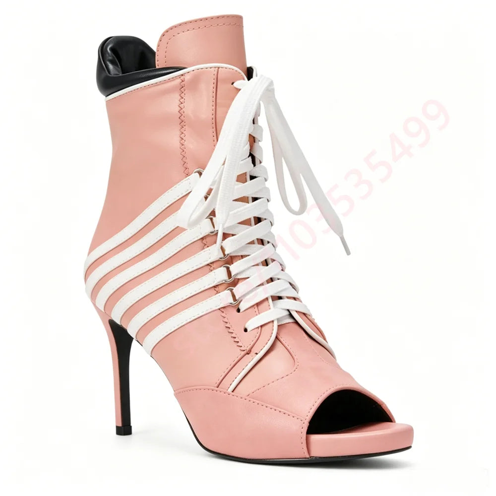 2026 Summer New Style Striped Peep Toe Ankle Boots Women Front Lace Up Thin Stiletto High Heel Fashion Streetwear Booties