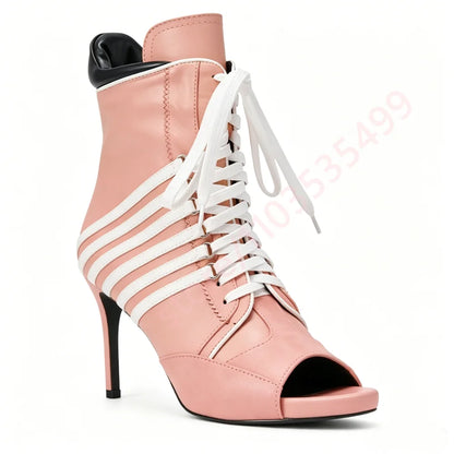 2026 Summer New Style Striped Peep Toe Ankle Boots Women Front Lace Up Thin Stiletto High Heel Fashion Streetwear Booties