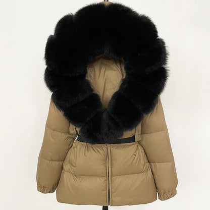 Hot Sale Women Luxury Black Down Jacket Waist‑Cinched Design High‑End Elegant Real Big Fox Fur Hooded Collar Winter Outerwear