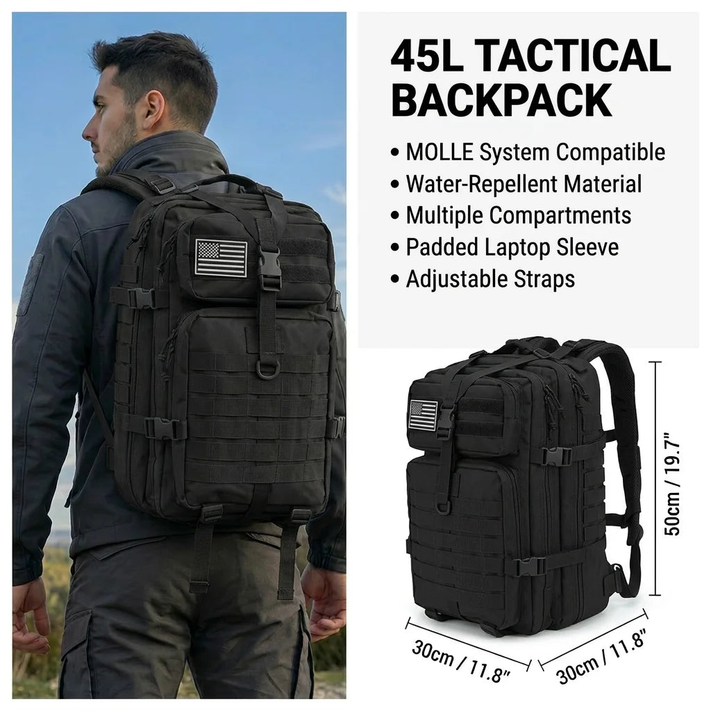 45L Tactical Fishing Backpack Molle Water Resistant Outdoor Tackle Bag Large Capacity Storage Camping Hiking Travel Rucksack Trekking Men Women Anglers Fishermen Rod Reel Gear Durable Multi Pocket Wear Resistant Lake River Se