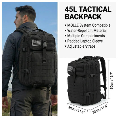 45L Tactical Fishing Backpack Molle Water Resistant Outdoor Tackle Bag Large Capacity Storage Camping Hiking Travel Rucksack Trekking Men Women Anglers Fishermen Rod Reel Gear Durable Multi Pocket Wear Resistant Lake River Se