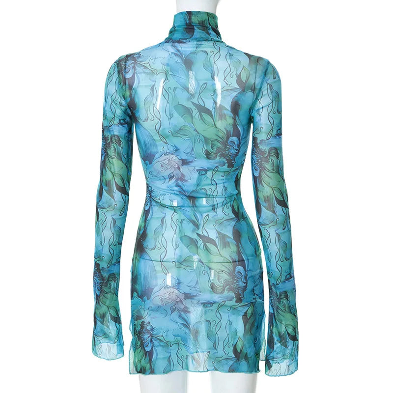 Flare Sleeve Color Printing Bodycon Dress Mini Women Clothing Turtleneck Sexy Streetwear High Waist Fashion One-Pieces Outfits