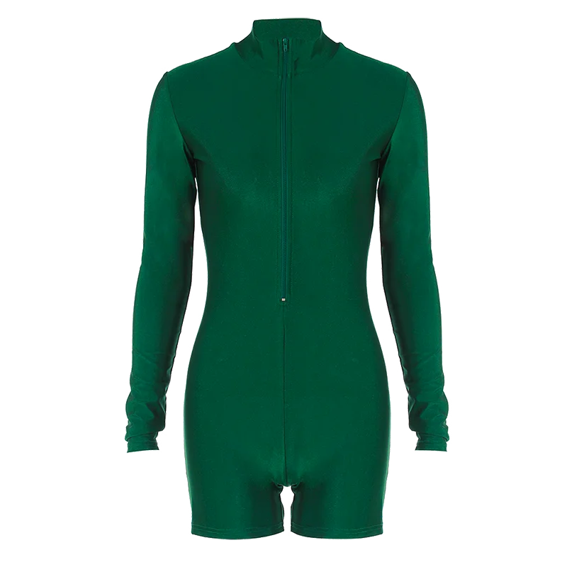 Hugcitar Solid Turtleneck Long Sleeve Zip Up Sexy Slim Skinny One Piece Playsuit 2024 Fall Women Fashion Streetwear Party Romper
