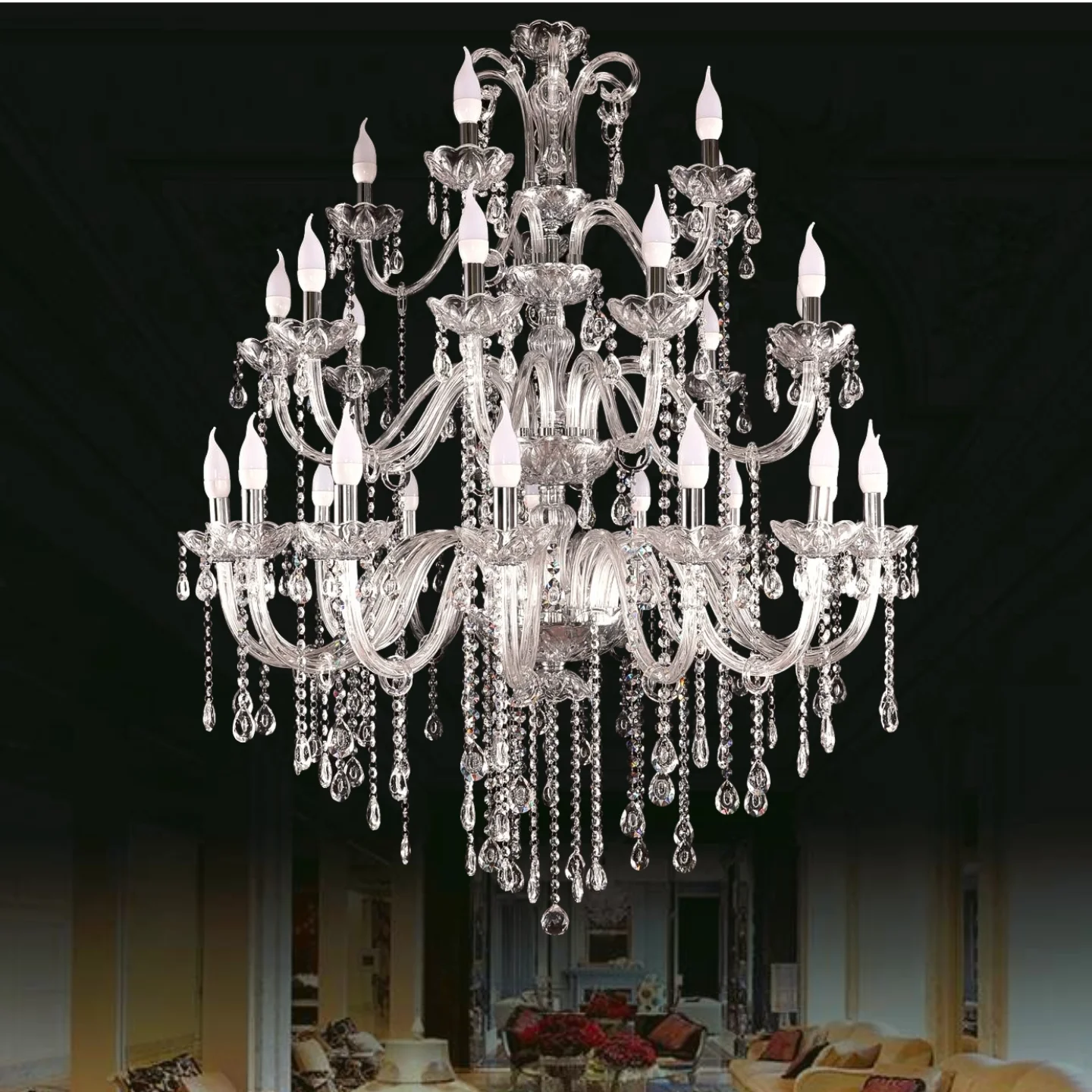 Large 18/24/30 Lights Modern Big Lustres 100% K9 Crystal Luxury Home Decoration Transparent/Amber/Gold/Cognic Villa Chandelier