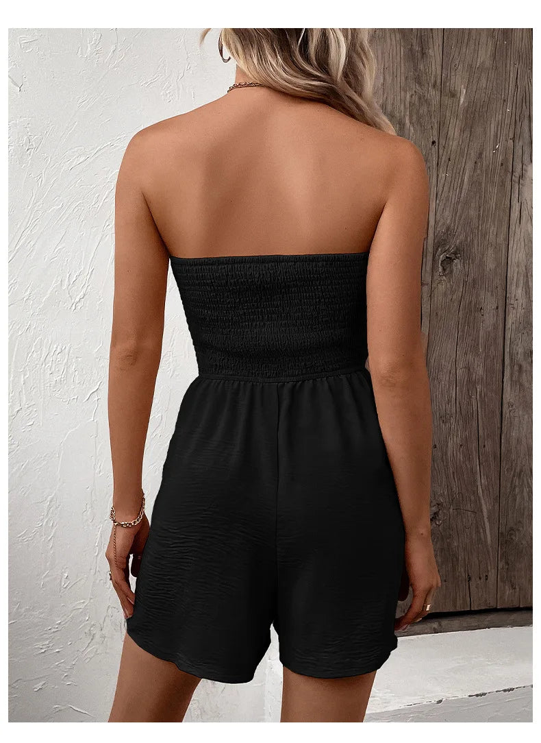 Summer Leisure Vacation, European and American Solid Color High Waist Design, Strapless Jumpsuit Shorts