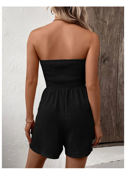 Summer Leisure Vacation, European and American Solid Color High Waist Design, Strapless Jumpsuit Shorts