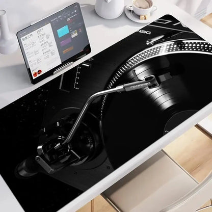 Retro Vinyl Turntable DJ Design Extended Mouse Pad Non‑Slip Rubber Base Tech Style Large Gaming Desk Table Play Mat PC Laptop