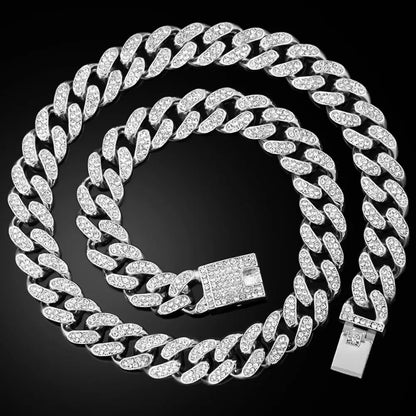 Hip Hop Diamond Cuban Link Chain Cross Necklace Men Women 2Pcs Bling Miami Cuban Chain Necklace Set Iced Out Chain Jewelry