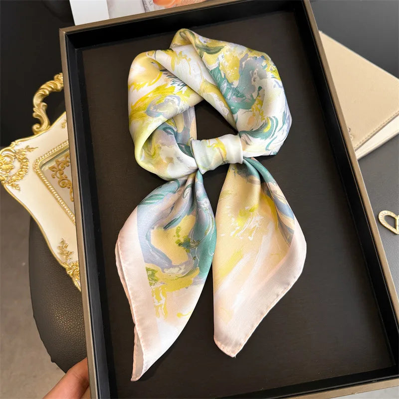 70cm Silk Square Scarf for Women Elegant Printed Neckerchief Sunscreen Shawl Headscarf for Office Commute Bandana and Bag Ribbon