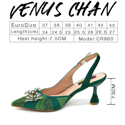 Venus Chan Green Color Pointed-Toe High Women Heels Shoes and Bags for Women Rhinestone Evening Party Elegant Luxury Handbag