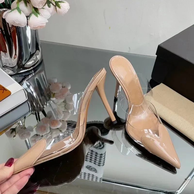 Elegant Pointed Toe Transparent PVC Heart High Heels Mules Slipper Shoes Women 2025 Black White Red Shoes Luxury Designer Pumps