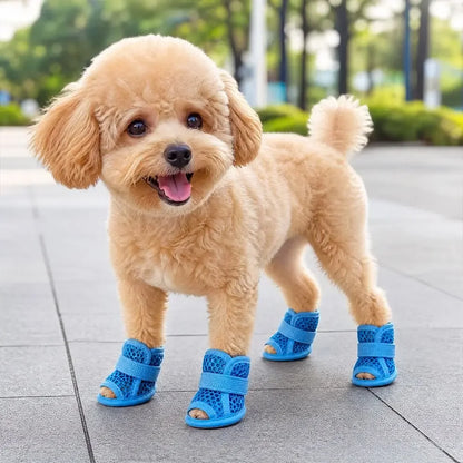 4PC Breathable Mesh Dog Shoes for Small Dogs Summer Pet Sandals Anti Slip Elastic Strap Outdoor Puppy Booties Cute Paw Protector