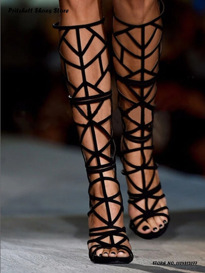 Women's Suede Gladiator Sandals Summer Street Style Hollow Out Knee-high Stilettos Round Open Toe Thin Heels Trending Shoes