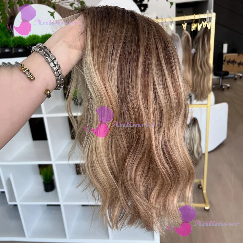 Brown Blonde Balayage Human Hair Glueless Lace Short Bob Wigs 13x4 Silk Top Lace Front Wigs Bleached Knots 360/Full Lace Wigs