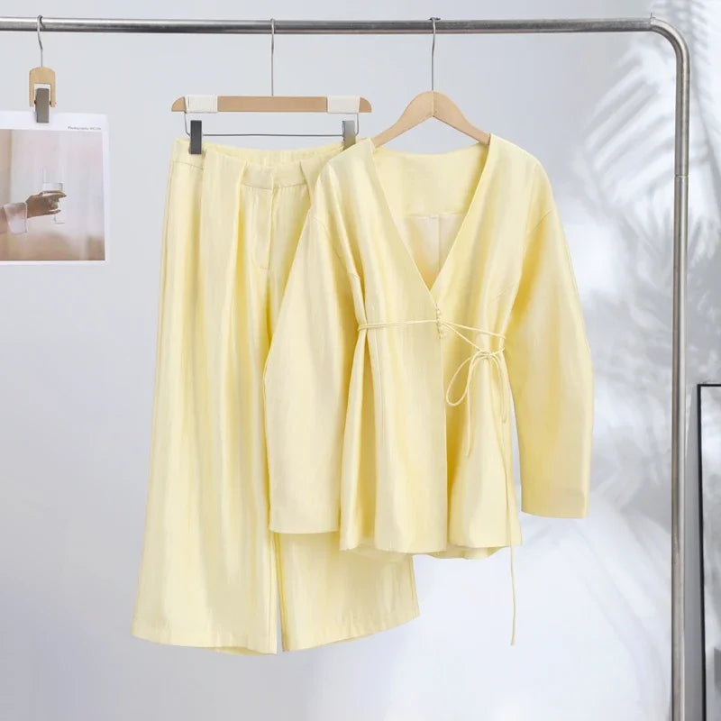 Elegant Women's Lace Up Shirt Pant Sets 2026 Summer V-neck Long Sleeve Top High Waist Loose Wide Leg Pant Two Piece Set Women