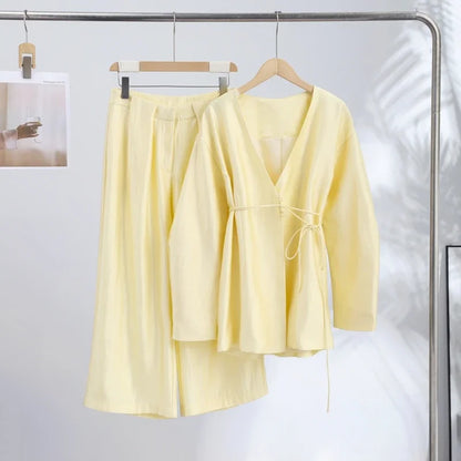Elegant Women's Lace Up Shirt Pant Sets 2026 Summer V-neck Long Sleeve Top High Waist Loose Wide Leg Pant Two Piece Set Women