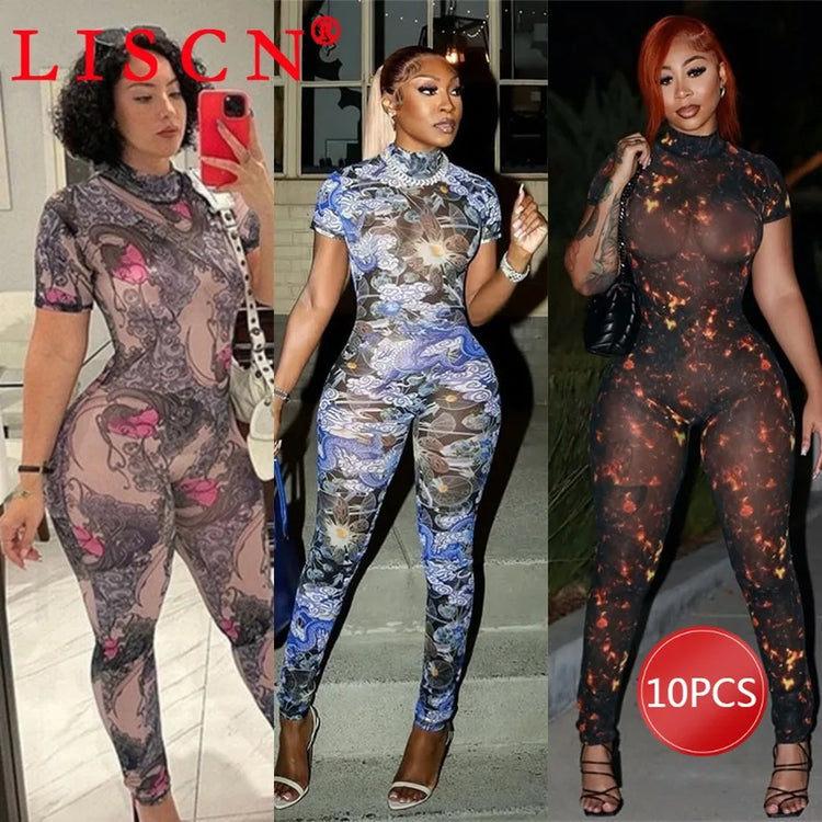 10 Wholesale Items Jumpsuits Women Summer 2025 Short Sleeve Bodycon Sexy Y2k Printing Mesh See Through Backless Rompers K15151
