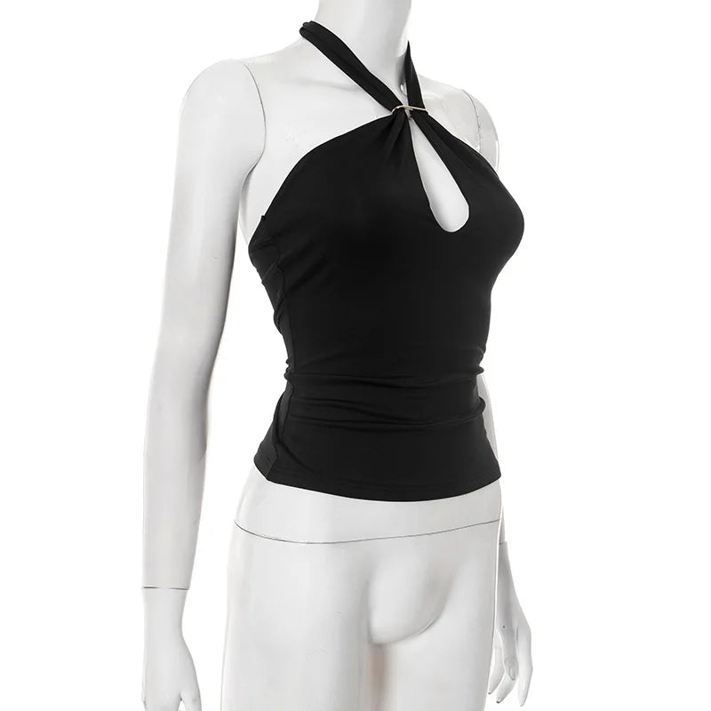 Women'S Solid Color Hanging Neck Tie Hollow Out Metal Ring Strapless Backless Tank Top Summer New Fashion Street Tank