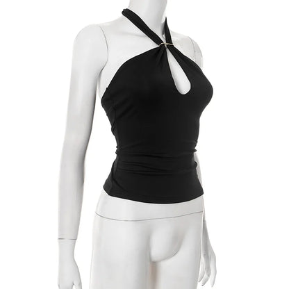 Women'S Solid Color Hanging Neck Tie Hollow Out Metal Ring Strapless Backless Tank Top Summer New Fashion Street Tank