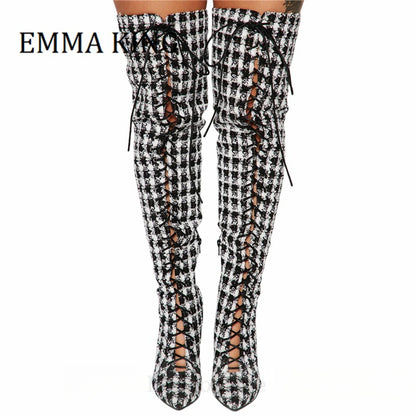 Women Plaid Lace Up Boots Sexy Pointy Toe Stiletto Heel Long Boots Ladies Fashion Footwear Non- Stretch Fabric Botas De Mujer 44
