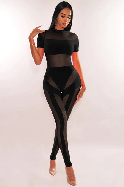 Women Sexy Jumpsuits Short Sleeve Sheer Mesh Slim Bodycon Jumpsuit One Piece Summer Rompers Y2K Street Night Club Party Outfits