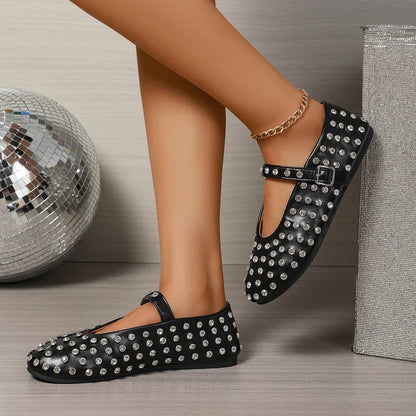 Women's Flat Dress Shoes Bottom Mary Jane Water Diamond Casual Dancing Shoes Genuine Leather Single Shoes Luxury Ballet Flats