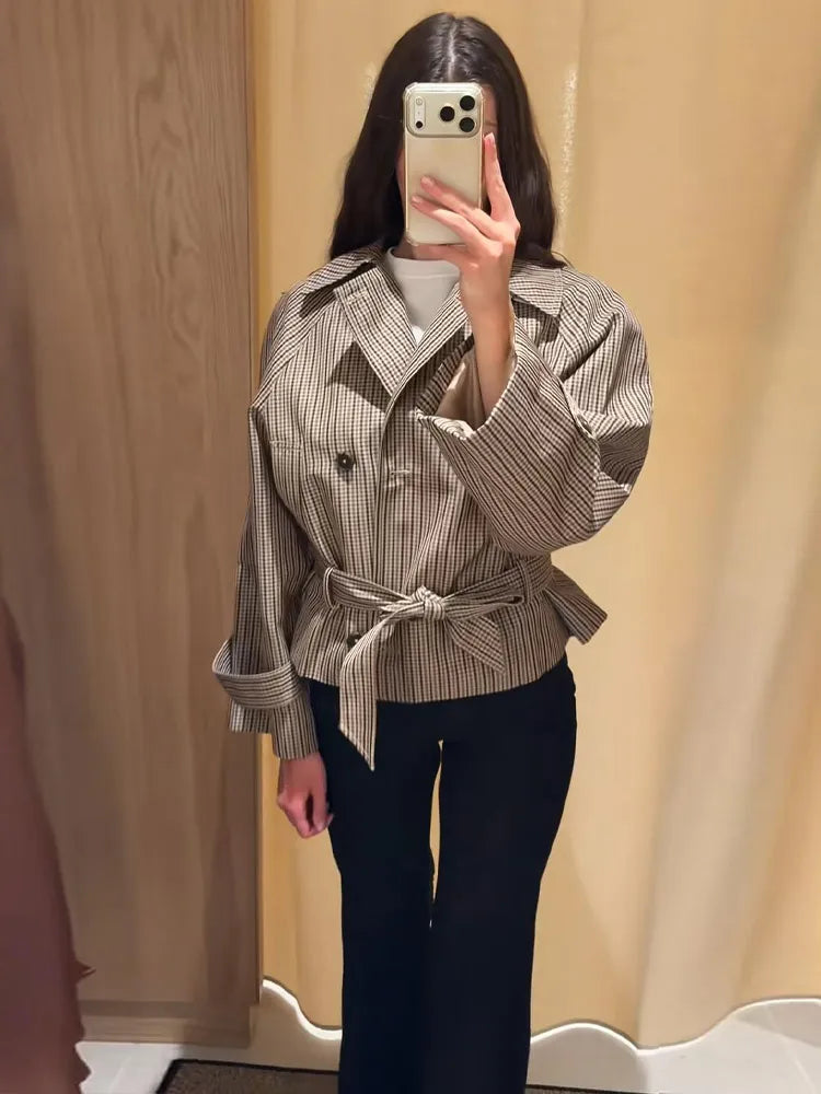 Plaid Short Trench Coat Women Lapel Collar Double Breasted Belted Waist Long Sleeve Loose Jacket 2026 Autumn Casual Chic Coats