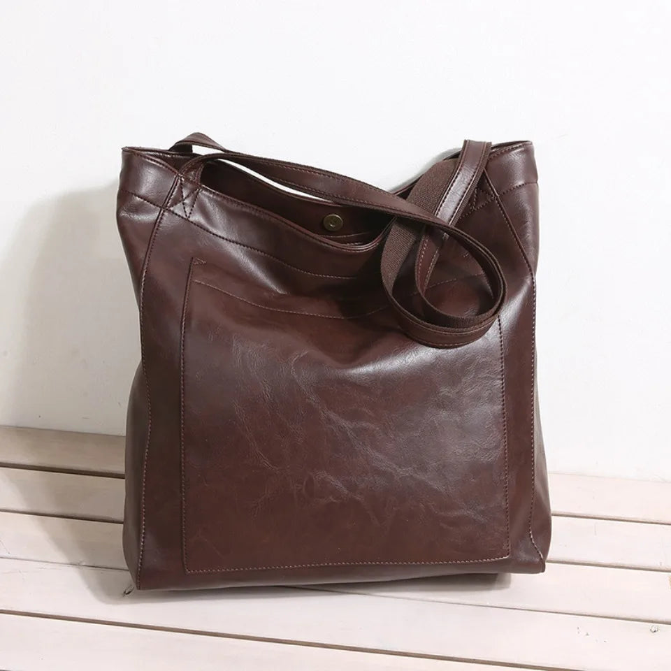High Quality Oil Skin Leather Bucket Hand Bags for Women Female Shoulder Top-Handle Bag Luxury Handbas Women Large Commute Bags