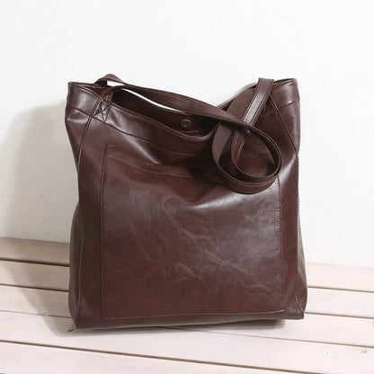 High Quality Oil Skin Leather Bucket Hand Bags for Women Female Shoulder Top-Handle Bag Luxury Handbas Women Large Commute Bags