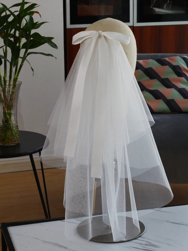 LA003 Bridal Veil Two-Layer Plain Tulle Satin Bow Handmade White Short Headdress Veil for Wedding Dress