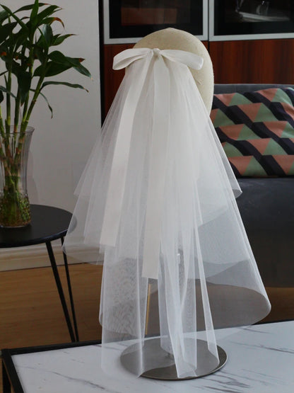 LA003 Bridal Veil Two-Layer Plain Tulle Satin Bow Handmade White Short Headdress Veil for Wedding Dress