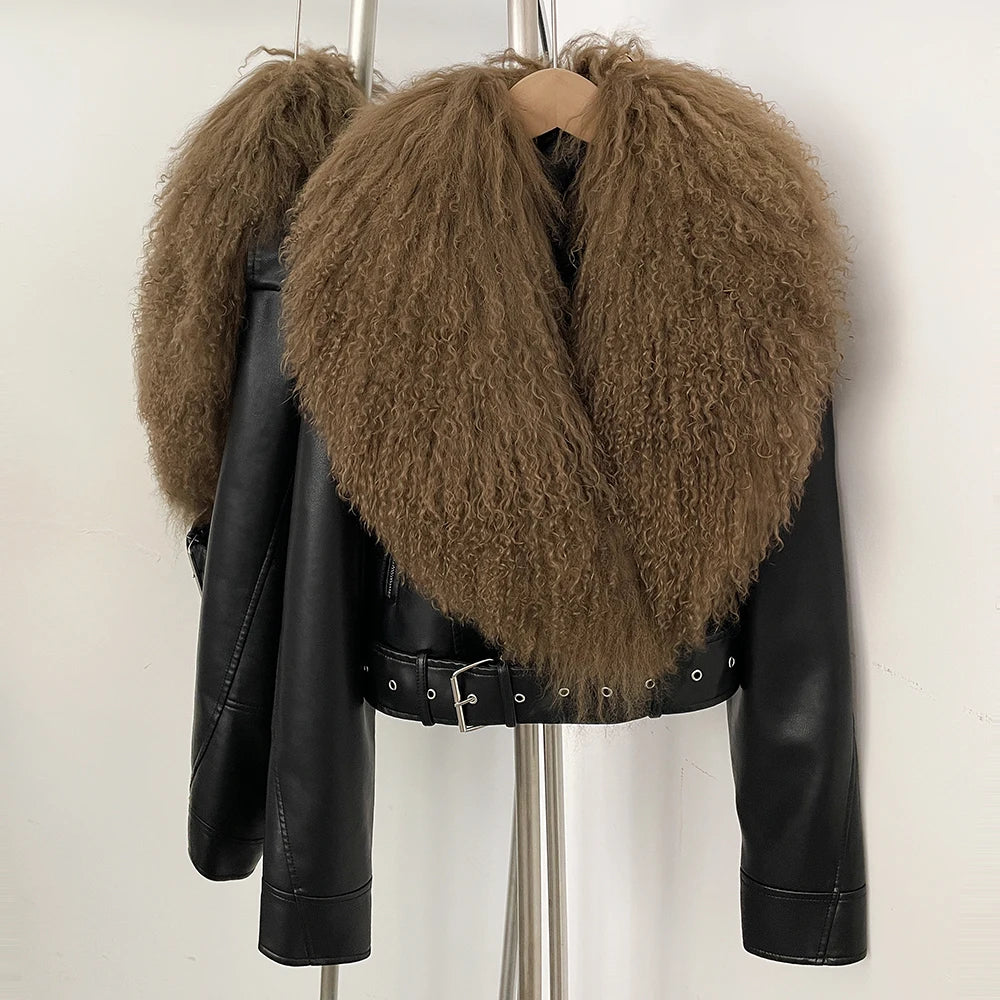 Luxury Natural Mongolian Sheep Fur Coat Women Winter Short Faux Leather Jacket Female Moto Biker Outwear New Coats and Jackets